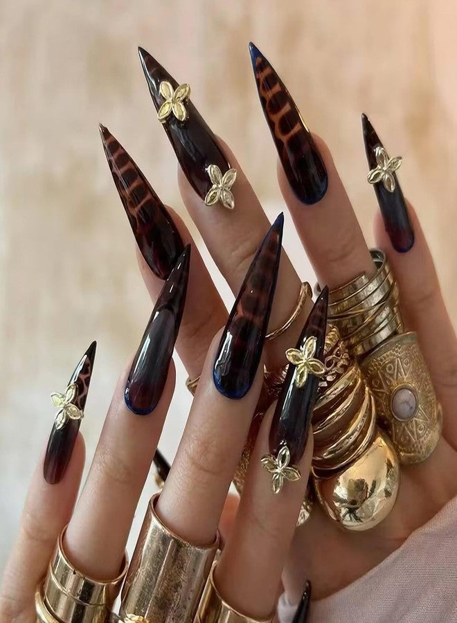 MISUD Press on Nails - Long Stiletto Fake Nails with Brown Tortoise, Acrylic Gold Charms Design 24 pcs - Image 1